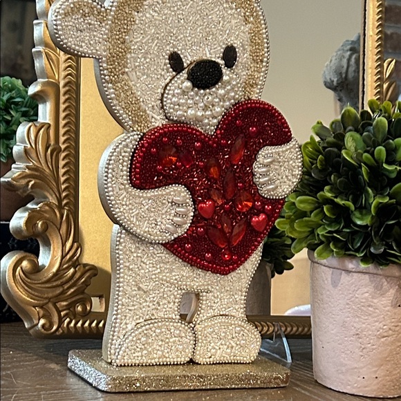 NEW! Vintage Inspired Valentines Day Beaded Wood Teddy Bear & Red Love Heart - Picture 5 of 5